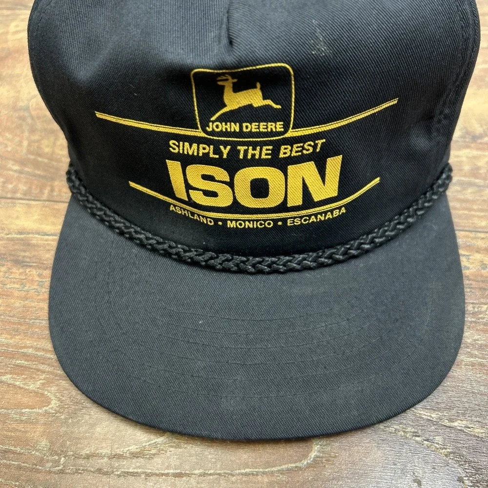 John Deere Ison‎ Equipment Simply the Best Black Yellow Trucker Hat Vtg SnapBack